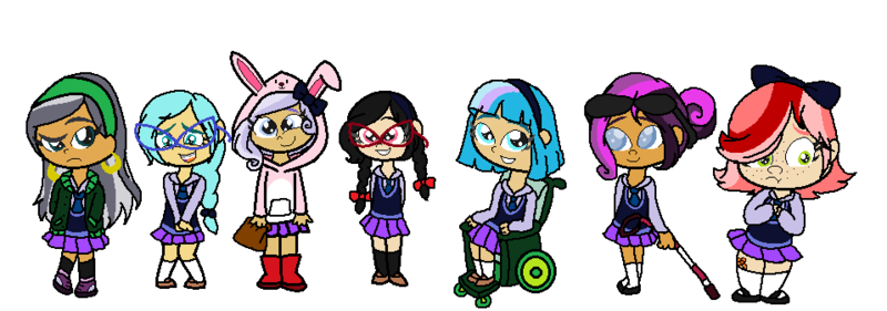 Size: 958x336 | Tagged: artist:obeliskgirljohanny, blind, braces, bunny hood, chubby, clothes, derpibooru import, guide stick, human, humanized, little girls, misfits, oc, oc:beryl bixbytie, oc:blue tulip, oc:magenta shine, oc:melon blossom, oc:nainah, oc:seraphim cyanne, oc:turtledove, safe, school uniform, sunglasses, unofficial characters only, wheelchair