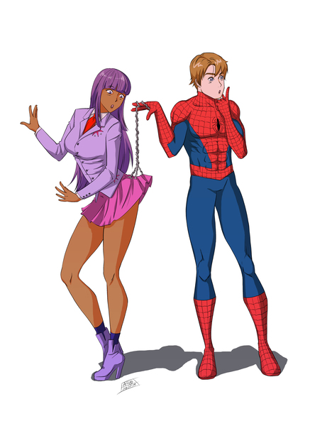 Size: 3400x4668 | Tagged: absurd resolution, artist:aryoanggoro, boots, clothes, crossover, crossover shipping, derpibooru import, high heel boots, high heels, human, humanized, legs, miniskirt, peter parker, shipping, simple background, skirt, skirt lift, skirt pull, socks, spider-man, spiders and magic: rise of spider-mane, spidertwi, suggestive, thighs, twilight sparkle