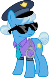 Size: 1024x1630 | Tagged: safe, artist:blah23z, color edit, derpibooru import, edit, copper top, trixie, earth pony, pony, unicorn, the gift of the maud pie, colored, female, hand cuffs, mare, necktie, police, police officer, police uniform, recolor, simple background, solo, sunglasses