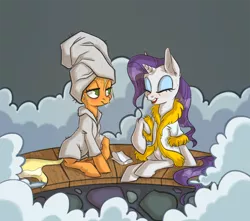 Size: 1240x1098 | Tagged: applejack, applejack's "day" off, artist:essel, bathrobe, clothes, derpibooru import, duo, rarity, robe, safe, sauna, spa, steam room, sweat, towel, towel on head