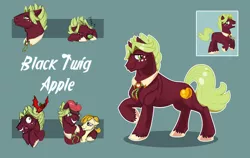 Size: 3537x2235 | Tagged: safe, artist:vindhov, derpibooru import, oc, oc:black twig apple, oc:honeycrisp, unofficial characters only, earth pony, fruit bat, pony, apple, bolo tie, collar, duo, female, food, hat, male, mare, offspring, parent:big macintosh, parent:cheerilee, parents:cheerimac, simple background, sleeping, stallion, teal background, unshorn fetlocks