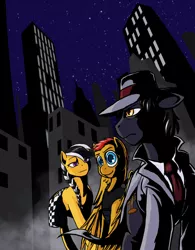 Size: 1024x1313 | Tagged: artist:mistermech, city, derpibooru import, fanfic art, night, noir, oc, oc:hard boiled, oc:sweet shine, oc:swift cuddles, safe, starlight over detrot, unofficial characters only