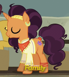 Size: 478x530 | Tagged: safe, derpibooru import, screencap, coriander cumin, saffron masala, pony, spice up your life, animated, blinking, cute, discovery family logo, ear piercing, earring, indian, jewelry, piercing, raised hoof, saffronbetes, smiling, the tasty treat