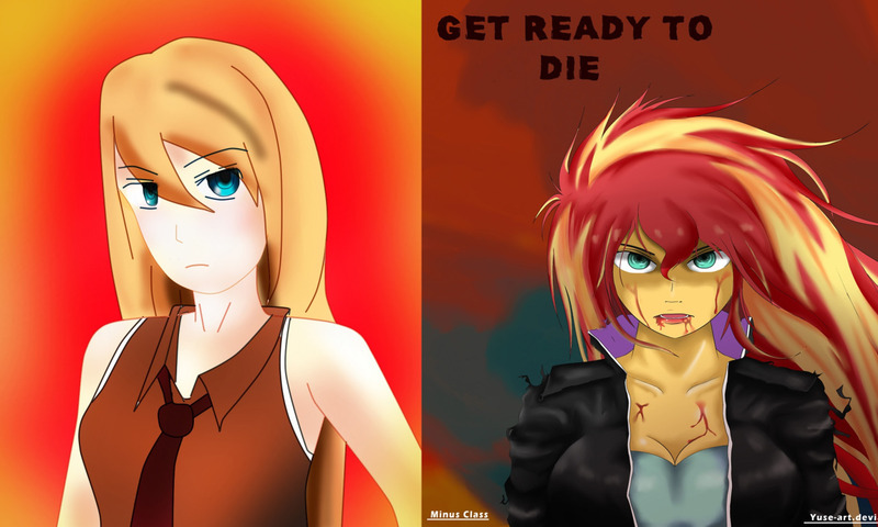 Size: 1280x768 | Tagged: semi-grimdark, artist:minusclass, derpibooru import, sunset shimmer, equestria girls, art evolution, blood, breasts, busty sunset shimmer, cleavage, clothes, dialogue, female, leather jacket