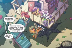 Size: 1307x873 | Tagged: safe, artist:tonyfleecs, derpibooru import, idw, apple bloom, scootaloo, spike, sweetie belle, dragon, earth pony, pegasus, pony, unicorn, ponies of dark water, spoiler:comic, spoiler:comic43, bird's eye view, clubhouse, cropped, crusaders clubhouse, cutie mark, cutie mark crusaders, donaldjack, female, filly, foal, male, mare, official comic, speech bubble, the cmc's cutie marks