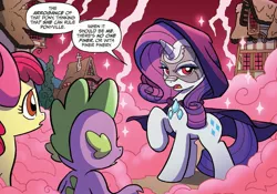 Size: 1345x944 | Tagged: safe, artist:tonyfleecs, derpibooru import, idw, apple bloom, rarity, spike, dragon, earth pony, pony, unicorn, ponies of dark water, spoiler:comic, spoiler:comic43, clothes, cropped, doctor doom, doctor doomity, evil, female, filly, foal, hood, iron mask, male, mare, mask, official comic, raised hoof, red sky, robe, speech bubble