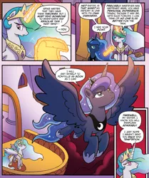 Size: 1340x1605 | Tagged: safe, artist:tonyfleecs, derpibooru import, idw, princess celestia, princess luna, alicorn, pony, ponies of dark water, spoiler:comic, spoiler:comic43, balcony, canterlot castle, comic, cropped, duo, ethereal mane, female, foreshadowing, magic, magic aura, mare, official comic, royal sisters, sisters, speech bubble, starry mane, telekinesis