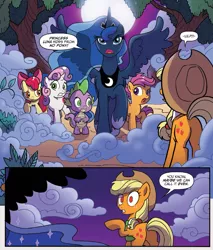 Size: 1339x1575 | Tagged: safe, artist:tonyfleecs, derpibooru import, idw, apple bloom, applejack, princess luna, scootaloo, spike, sweetie belle, alicorn, dragon, earth pony, pegasus, pony, unicorn, ponies of dark water, spoiler:comic, spoiler:comic43, comic, cropped, cutie mark crusaders, donaldjack, ethereal mane, female, filly, foal, male, mare, night, official comic, speech bubble, spread wings, wings