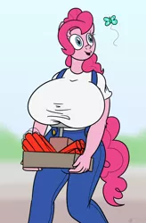 Size: 1644x2511 | Tagged: anthro, artist:gunpowdergreentea, big breasts, breasts, busty pinkie pie, butterfly, carrying, clothes, derpibooru import, dynamite, explosives, female, huge breasts, open mouth, overalls, pinkie pie, small head, solo, solo female, suggestive, this will end in explosions, this will end in tears, tnt