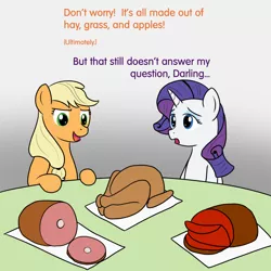 Size: 1000x1000 | Tagged: safe, artist:phallen1, derpibooru import, applejack, rarity, earth pony, pony, turkey, unicorn, 30 minute art challenge, colored sketch, cooked, dead, dialogue, female, food, ham, mare, meat, missing accessory, ponies eating meat, roast