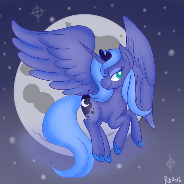 Size: 1800x1800 | Tagged: artist:therainbowtroll, derpibooru import, flying, moon, night, princess luna, s1 luna, safe, solo, stars