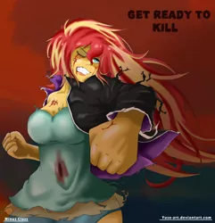 Size: 3307x3432 | Tagged: semi-grimdark, artist:minusclass, derpibooru import, sunset shimmer, equestria girls, andrew w.k., badass, beaten up, blood, breasts, busty sunset shimmer, cleavage, clothes, female, fist, leather jacket, one eye closed, punch, solo, song reference, torn clothes