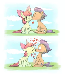 Size: 1350x1550 | Tagged: safe, artist:dzmaylon, derpibooru import, apple bloom, tender taps, earth pony, pony, adorabloom, blushing, colt, cute, cutie mark, eyes closed, female, filly, floppy ears, heart, kiss on the cheek, kissing, leg twitch, male, raised hoof, shipping, sitting, smiling, straight, surprise kiss, surprised, tendaww taps, tenderbloom, the cmc's cutie marks, thump, wide eyes
