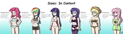Size: 4000x1100 | Tagged: suggestive, artist:acesrockz, derpibooru import, applejack, fluttershy, pinkie pie, rainbow dash, rarity, twilight sparkle, equestria girls, belly button, black underwear, boyshorts, bra, breasts, cleavage, clothes, comparison, cowboy hat, crop top bra, crossed arms, delicious flat chest, eyes closed, eyes on the prize, female, frilly underwear, hat, human coloration, humane six, humanized, lesbian, line-up, mane six, nightgown, nipples, nudity, panties, pinkie flat, purple underwear, rarilight, reasonably sized breasts, ribbon, shipping, size chart, size comparison, stetson, striped underwear, underwear, white underwear