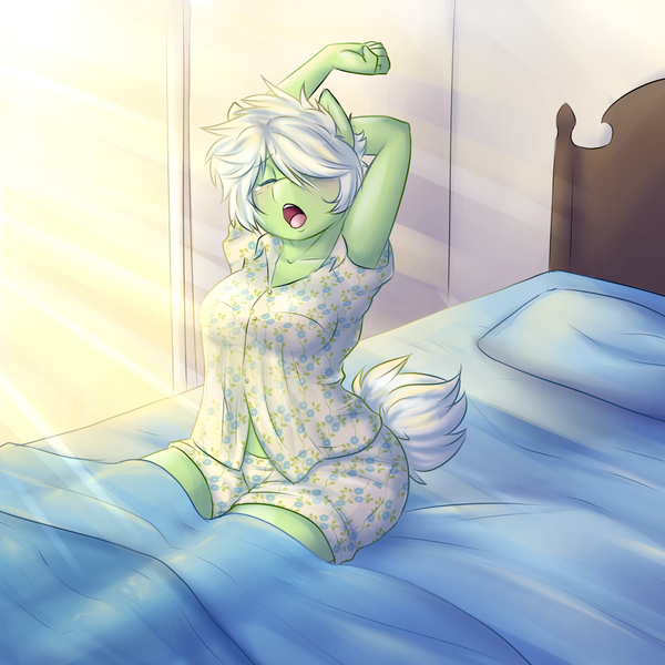 Size: 4000x4000 | Tagged: anthro, anthro oc, artist:askbubblelee, breasts, clothes, curvy, derpibooru import, female, messy hair, morning, morning ponies, oc, oc:dandy puff, pajamas, safe, solo, stretching, tired, unofficial characters only, waking up, yawn