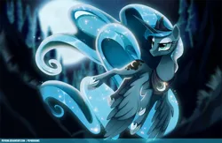 Size: 1170x757 | Tagged: artist:pepooni, blurry, derpibooru import, flying, forest, lidded eyes, night, princess luna, safe, solo