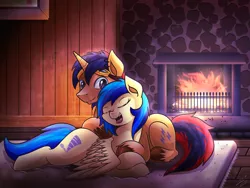 Size: 2000x1500 | Tagged: safe, artist:vavacung, derpibooru import, oc, oc:electric spark, oc:silvia, unofficial characters only, pegasus, pony, unicorn, couple, cuddling, female, fireplace, goggles, male, mare, oc x oc, shipping, silspark, snuggling, stallion, straight