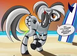 Size: 1200x868 | Tagged: artist:deeptriviality, beach, derpibooru import, dialogue, female, oc, oc:kinky beer, plot, safe, solo, unofficial characters only, zebra