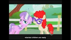 Size: 640x360 | Tagged: safe, derpibooru import, screencap, diamond tiara, twist, earth pony, pony, call of the cutie, blank flank, female, fence, filly, glasses, hub logo, meme, reaction image, retarded, this will end in pain, tree, unamused, vulgar, youtube caption