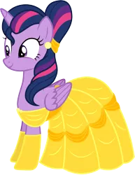 Size: 1479x1911 | Tagged: safe, artist:cloudyglow, derpibooru import, twilight sparkle, twilight sparkle (alicorn), alicorn, pony, alternate hairstyle, beauty and the beast, belle, clothes, clothes swap, cosplay, costume, disney, dress, female, folded wings, implied straight, mare, simple background, solo, transparent background, vector