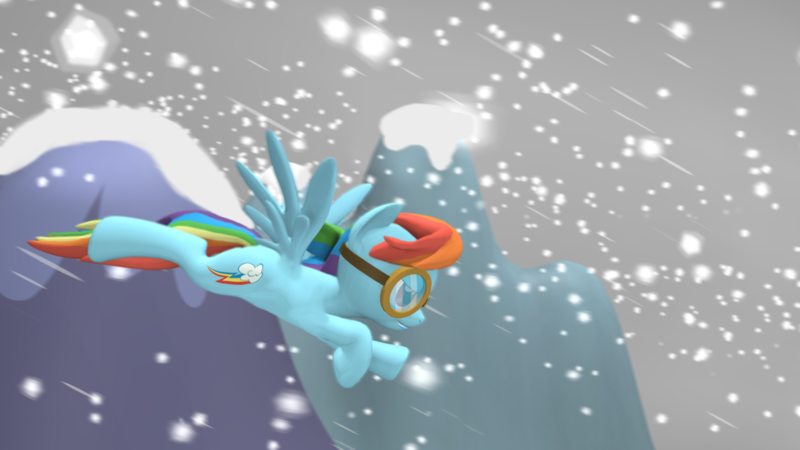 Size: 3840x2160 | Tagged: 3d, artist:johondar, derpibooru import, flying, goggles, mountain, poster, rainbow dash, safe, snow, snowfall, solo, source filmmaker