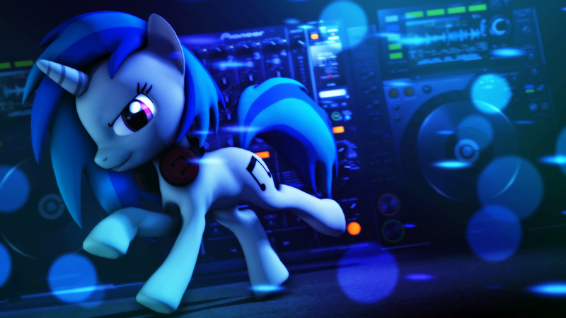 Size: 3840x2160 | Tagged: 3d, artist:fioscrasher, blue, derpibooru import, looking at you, mixer, running, safe, source filmmaker, vinyl scratch