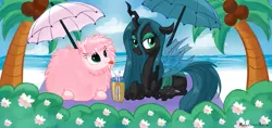 Size: 1827x865 | Tagged: safe, artist:molochko-persik, derpibooru import, queen chrysalis, oc, oc:fluffle puff, beach, canon x oc, chrysipuff, female, lesbian, shipping