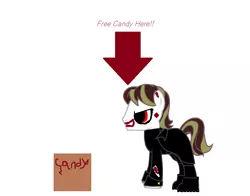 Size: 830x650 | Tagged: arrow, artist:themultibrony21, blood, boots, box, clothes, derpibooru import, free candy, its a trap!, makeup, oc, oc:smile pony, pony creator, semi-grimdark, sign, simple background, smiling, solo, the joker, unofficial characters only
