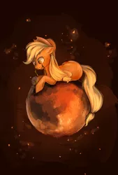 Size: 1897x2801 | Tagged: safe, artist:segraece, derpibooru import, part of a set, applejack, earth pony, pony, cute, female, floppy ears, giant pony, hose, macro, mare, mars, mouth hold, pony bigger than a planet, prone, smiling, solo, space, tangible heavenly object, water, watering