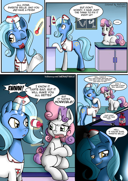 Size: 1200x1692 | Tagged: artist:anibaruthecat, artist:redoxx, colored, comic, comic:cutiemark check-up, derpibooru import, male, medicine, oc, oc:cobalt, rapeface, suggestive, sweetie belle, thermometer