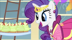 Size: 1920x1080 | Tagged: safe, derpibooru import, screencap, rarity, pony, unicorn, a bird in the hoof, clothes, cupcake, cute, dress, ear piercing, earring, female, food, gala dress, happy, jewelry, mare, necklace, open mouth, piercing, raribetes, rarity looking at food, smiling, solo, tiara