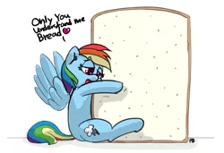 Size: 1280x877 | Tagged: safe, artist:pabbley, derpibooru import, rainbow dash, pegasus, pony, bread, cargo ship, colored pupils, dialogue, female, floating wings, food, heart, hug, lidded eyes, mare, open mouth, rainbread, shipping, simple background, smiling, solo, spread wings, wat, white background, wings