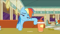 Size: 1600x900 | Tagged: safe, derpibooru import, screencap, honey curls, mare e. lynn, rainbow dash, pony, the saddle row review, discovery family logo, faic, lidded eyes, looking at you, rainbow dash is best facemaker, smirk, smug, squint