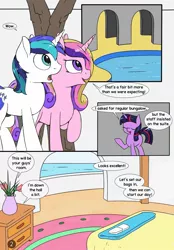 Size: 1115x1600 | Tagged: suggestive, artist:fearingfun, artist:redoxx, derpibooru import, princess cadance, shining armor, twilight sparkle, pony, unicorn, comic:not so restful vacation, casual nudity, comic, dialogue, explicit source, eyes closed, female, male, mare, nudity, open mouth, sheath, stallion