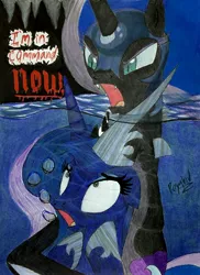 Size: 2211x3029 | Tagged: semi-grimdark, artist:darkest-lunar-flower, derpibooru import, nightmare moon, princess luna, pony, air bubble, asphyxiation, attempted murder, bubble, calligraphy, colored pencil drawing, drowning, imminent death, traditional art, underwater