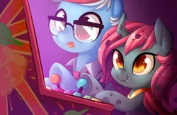 Size: 5100x3300 | Tagged: safe, artist:starshinebeast, derpibooru import, oc, oc:classic, oc:glitch desire, unofficial characters only, changeling, earth pony, pony, absurd resolution, arcade, arcade game, changeling oc, colt, foal, gaming, glasses, male, pink changeling, stallion