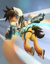 Size: 2980x3786 | Tagged: artist:saxopi, crossover, derpibooru import, gun, overwatch, plot, ponified, safe, solo, tracer, weapon