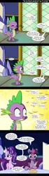 Size: 650x2329 | Tagged: suggestive, artist:deusexequus, derpibooru import, spike, starlight glimmer, twilight sparkle, twilight sparkle (alicorn), alicorn, pony, accidental innuendo, bait and switch, blood, comic, dialogue, innocent innuendo, innuendo, misunderstanding, nosebleed, speech bubble