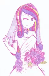 Size: 1793x2788 | Tagged: artist:dragonemperror2810, clothes, derpibooru import, dress, flower, human, humanized, princess cadance, safe, smiling, solo, wedding dress, wink