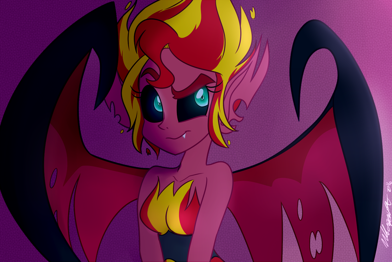 Size: 1024x683 | Tagged: dead source, safe, artist:wubcakeva, derpibooru import, sunset shimmer, equestria girls, looking at you, solo, sunset satan