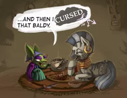 Size: 1223x937 | Tagged: safe, artist:lexx2dot0, derpibooru import, zecora, chihuahua, zebra, bowl, carpet, clothes, courage the cowardly dog, crossover, cup, dagger, dialogue, ear piercing, eyes closed, food, image, jpeg, laughing, madame shirley, mask, open mouth, piercing, rug, shirley the medium, speech bubble, steam, tea, tea party, teacup, teapot, weapon, zecora's hut