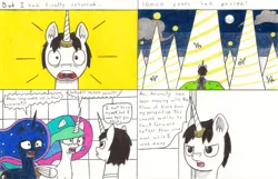 Size: 1024x658 | Tagged: artist:eternaljonathan, comic, comic:a new twist, derpibooru import, flashback, guardian, horn ring, oc, oc:nemo, princess celestia, princess luna, royal sisters, safe, science fiction, traditional art