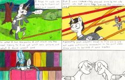 Size: 1023x659 | Tagged: artist:eternaljonathan, book, comic, comic:a new twist, derpibooru import, flashback, guardian, horn ring, laser, oc, oc:nemo, royal guard, safe, traditional art