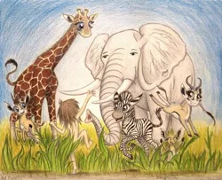 Size: 992x806 | Tagged: africa, animal in mlp form, antelope, artist:thefriendlyelephant, barely pony related, cloven hooves, commission, derpibooru import, dik dik, elephant, gazelle, giraffe, horns, human, long neck, oc, oc:kekere, oc:mmiri, oc:obi, oc:salma, oc:zeka, plants, safe, springbok, strategically covered, stripes, traditional art, tusk, unofficial characters only, zebra