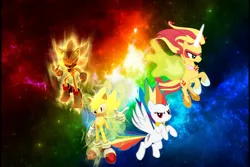 Size: 900x600 | Tagged: safe, artist:trungtranhaitrung, derpibooru import, rainbow dash, sunset shimmer, alicorn, pony, equestria girls, alicornified, colored, crossover, daydream shimmer, race swap, shimmercorn, sonic the hedgehog, sonic the hedgehog (series), space, super rainbow dash, super shadow, super sonic