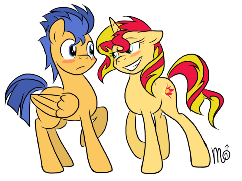 Size: 1024x768 | Tagged: safe, artist:siekit442, derpibooru import, flash sentry, sunset shimmer, pegasus, pony, unicorn, blushing, female, flashimmer, male, shipping, smiling, straight