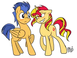 Size: 1024x768 | Tagged: safe, artist:siekit442, derpibooru import, flash sentry, sunset shimmer, pegasus, pony, unicorn, blushing, female, flashimmer, male, shipping, smiling, straight