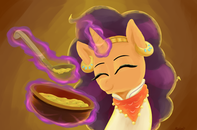 Size: 1280x844 | Tagged: artist:rivibaes, bowl, cute, derpibooru import, eyes closed, food, ladle, levitation, magic, safe, saffron masala, smiling, solo, soup, spice up your life, telekinesis