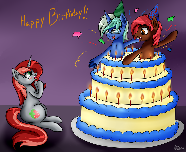 Size: 2200x1800 | Tagged: artist:novaspark, birthday, birthday cake, birthday candles, cake, derpibooru import, food, happy birthday, hat, oc, oc:dusk sunrich, oc:fade, oc:nova spark, party hat, safe, unofficial characters only