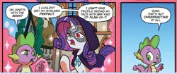 Size: 1200x506 | Tagged: safe, artist:tonyfleecs, derpibooru import, idw, rarity, spike, dragon, pony, ponies of dark water, spoiler:comic, spoiler:comic43, cloak, clothes, comic, cropped, doctor doom, doctor doomity, duo, evil, female, hood, iron mask, male, mare, mask, official comic, robe, speech bubble